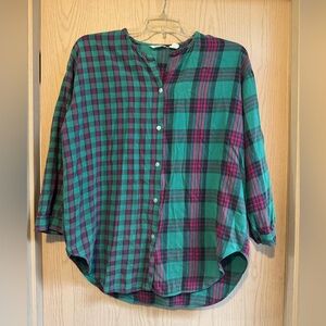 Vintage Patchwork Mixed Plaid Flannel Shirt – Green, Pink and Purple Plaid Large